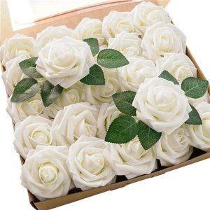 Artificial Flowers 25pcs Real Looking Ivory Foam Fake Roses with Stems Wedding